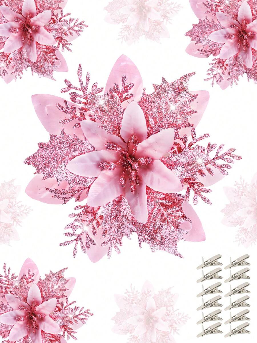 6/12/18/24pcs Artificial Christmas Flower Heads, Shiny Christmas Flowers, Suitable For Home, Wedding, Party, Christmas Tree, Wreath, DIY Holiday Decoration, Home Decor, Christmas Decoration, Room Decor - Christmas Flower Head 11 - View 1