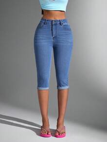 Jeanoix Quần Jeans Nữ Màu Trơn Phong Cách Đơn Giản Hàng Ngày - Màu xanh lam - Xem 4