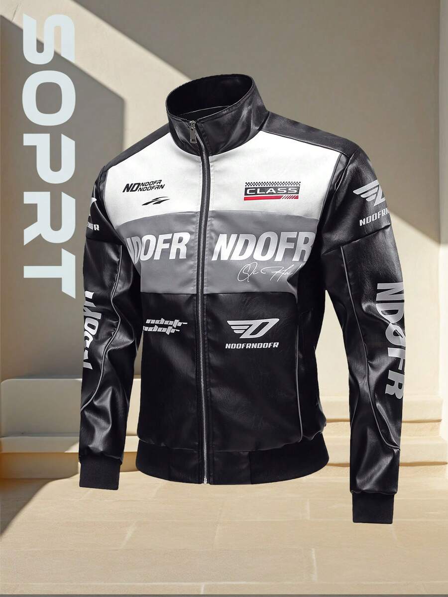 New Motorcycle Leather Jacket Men, Color Block Racing Coat Jackets, Loose Fit Brand,Fleece,Winter - Black - View 1