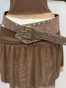 1 件女式纯色波西米亚风复古 PU 皮革双索环不对称毛皮链十字水钻装饰腰带，Y2K 街头潮流，百搭牛仔裤、裙子、休闲装和约会装 - 彩色 - 查看 9