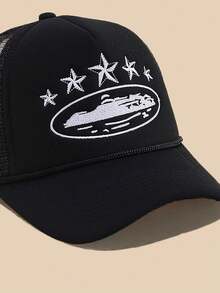 1顶刺绣五角星棒球网帽，可调节户外防晒休闲帽，适合春秋季旅行、海滩，男女皆宜，Y2K风格，（运输过程中可能略有变形，不影响使用）