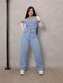 Conjunto de 2 peças Jeans Feminino para mulheres Blusa Colete com detalhes Calça Wide leg Denim Conjunto Elegante Perna Solta Cintura alta Tecido Premium