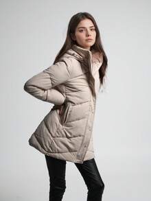 Women's Mid-Length Stylish Quilted Puffer Coat With Hood, 4 Colors Available. A Winter Wardrobe Essential. Style With Practicality. Warmth With Chic. - Beige - View 8
