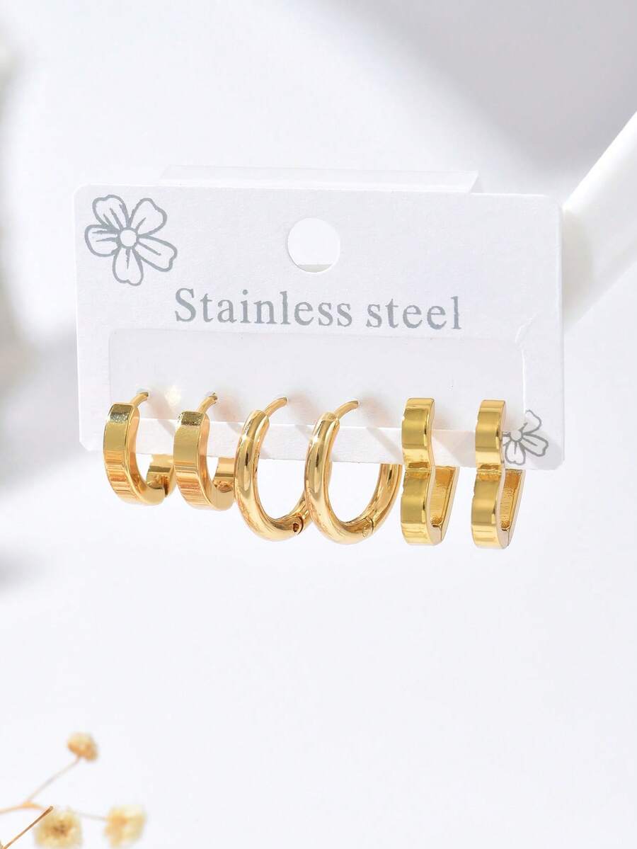 6pcs/Set Elegant Minimalist Stainless Steel Hoop Earrings Set - Multicolor - View 1