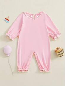 Baby Girls Birthday Romper Cake Embroidery Long Sleeve Ruffled Round Neck Full Length Jumpsuit - Pink - View 7