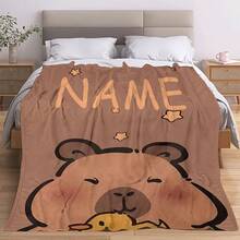 Cobertor de Flanela Personalizado de Capivara - Macio para Todas as Estações, Padrão Fofo de Capivara Marrom e Estrela Amarela, Lavável em Máquina, Presente para Amigos/Família, Decoração de Casa, Design Fofo de Animal, Têxtil Doméstico, Atmosfera Natalina em Casa, Respirável, Macio