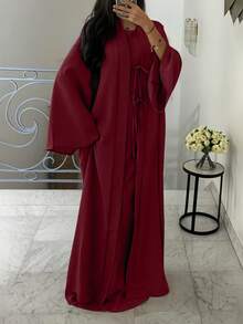 女士优雅无袖睡袍和蝴蝶结长款开衫两件套 春季 - 酒紅色 - 查看 1