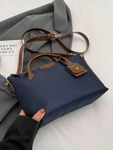 Nueva bolsa cuadrada portátil de tela de nailon impermeable de unicolor con doble asa, se puede colgar, adecuada para viajar, comprar y desplazarse, bolso bandolera vintage con hebilla de aguja, bolso de mano de gran capacidad - Azul - Ver 5