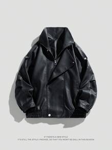 男士长袖机车风PU皮摩托车夹克，经典内衬，结实耐用的拉链，光滑内里，不对称前片设计，街头复古风，坚固耐用的户外骑行装备，金属配件细节，轻便舒适。