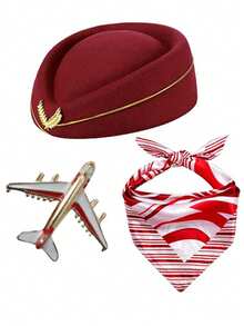 D EXCEED 1/2/3 Pcs Stewardess Hat, Scarf & Airplane Pin Set – Women's Flight Attendant Cosplay Accessories For Halloween, Themed Parties & Costume Events - Multicolor - View 4