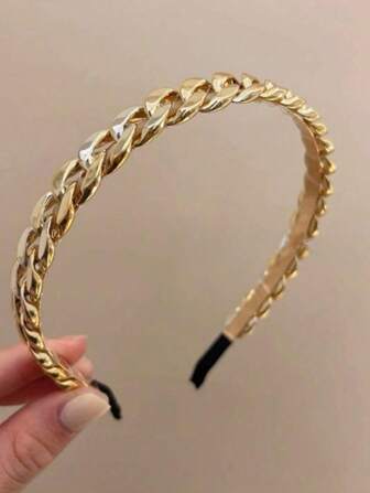 1pc Imported Korean Vintage Metal Chain Thin Edge Hair Band Headband, Versatile Hair Accessories With Chain & Printed Pattern, Casual Retro Style Suitable For All Seasons, Hair Hoop, Gold Headband, Hairband For Women