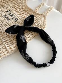 1 件优雅兔耳头带，黑白波尔卡圆点蝴蝶结设计，高品质缎面时尚头饰，百搭女士发饰配饰，蝴蝶结配饰，学校用品，学院风，头带秋季配饰