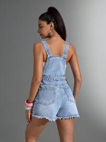 Jeanoix 女式口袋做旧休闲牛仔背带短裤 - 淺色水洗藍 - 查看 2