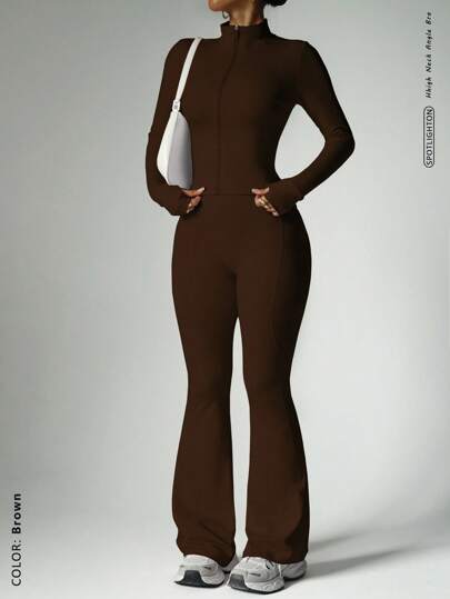 FWH Straßentaugliches 2 Stücke Set, Bauchkontrolle Taille + Daumenöffnungen an den Ärmeln, Fitness-zu-Straße, korsett-inspirierter Reißverschlussvorverschluss, 4-Wege-Stretchflare, rutschfester Bund, formende Jacke mit Reißverschlussdetail + Po-hebende Hose, selbstvertrauenssteigerndes Set, Damen Reißverschlussjacke & Schlaghose, Set 2 Stücke