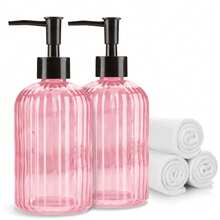 "2-Pack 13oz Glass Soap Dispensers With Black Plastic Pumps - Refillable Hand Soap & Lotion Bottles, Crystal Clear Liquid Dispensers For Bathroom, Kitchen Countertop, Hotel & Modern Home Decor" - 粉色 - 查看 9
