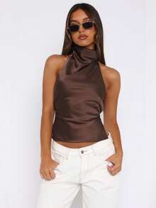 Women's Halter Neck Satin Tank Tops Mock Neck Sleeveless Backless Shirts Solid Color Slim Fit Crop Tops Summer High Neck Vest Camisoles Holiday Beachwear Party Clubwear - 棕色 - 查看 4