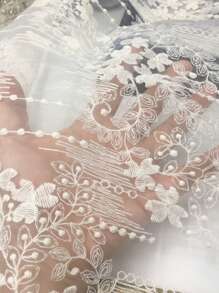 1件法式荷叶边蕾丝刺绣米色薄纱窗帘，轻盈小窗帘，无需打孔即可用作房间隔断 - 米色 - 查看 5