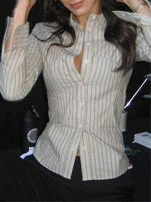复古性感束身开衫，长袖条纹可爱美丽休闲优雅衬衫上衣，适合女士春夏假日/情人节穿着 - 灰白 - 查看 2