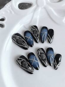 10 Pieces Of Long Nails, Diablo Mergerian Nail Art New Style DIY Heavy Workers, Heavy Workers, Punk Style Mechanical Warfare Patterns Design Black Nails, Removable Reused Nail Supplies, Nail Powder, Nails Scattered Suitable For Men, Ladies On The Stage, Dance Party , Dacking Scenes Use 1 Piece Of Fructic Jelly Glue And 1 Rubbing Strip