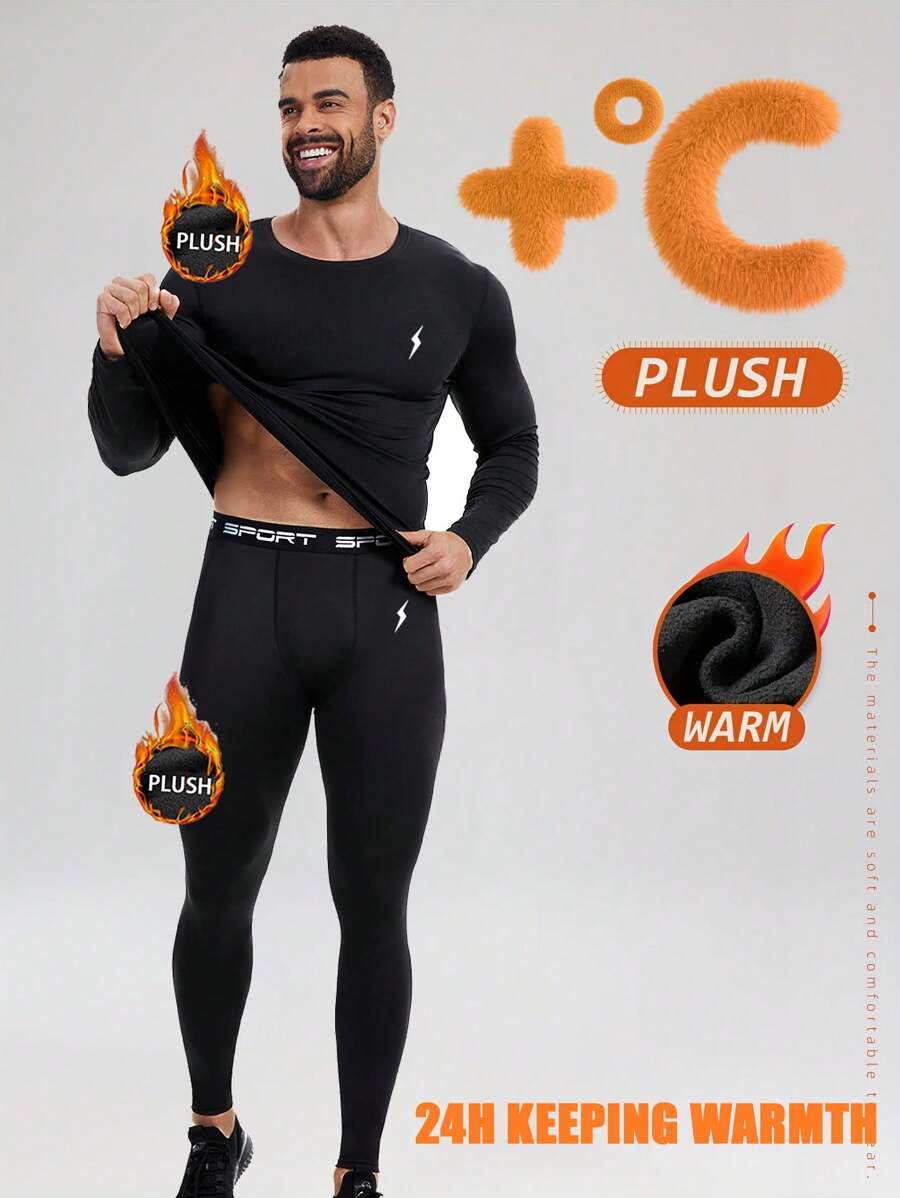 2 Pieces SPORT Men's Thermal Plush Base Layer Set - 24H Heat Retention Black Workout Clothes For Skiing Hiking,Black Workout Clothes For Cycling, Running & Outdoor Training. - Black - View 1