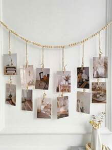 1set Wooden Bead Photo Clip Storage, Photo Display With Wooden Bead String,Hanging Photo Frame Photo Storage Hemp Rope Bead String With Clip, For Home Room Living Room Office Decor, For Christmas Valentine's Day,Storage Decoration Farmhouse Rustic Decoration Hanging Beads Home Decoration