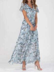 New Beach Flared Long Dress Chiffon Floral Short Sleeve Ruffle V-Neck Fashion Waist-Cinching Dress - Light Blue - View 1