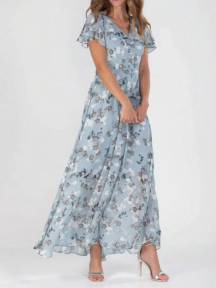 New Beach Flared Long Dress Chiffon Floral Short Sleeve Ruffle V-Neck Fashion Waist-Cinching Dress - Light Blue - View 1