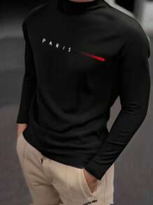 1PC A Men's Warm Top - A Men's Black Semi - High Collar Base Layer With A Parisian Pattern. It Boasts A Simple And Versatile Design, Is Crafted From Skin - Friendly Fabric, And Has A Soft Texture. It Is Perfect For Gifting To Your Boyfriend Or Husband.