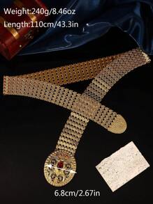 1 pieza Cinturón de bata marroquí chapado en oro metálico, con patrón floral grabado y acentos de rubí sintético, cinturón de joyería para batas de damas árabes, bodas y fiestas