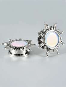 1Pair Retro Shiny White Flash Sun Saddle Ear Plugs Tunnels Stainless Steel Pulley Thread Ear Strengther Gauge Expander Weight Piercing Body Jewelry - 1 Pair Of White Flash Sun Ear Expansion - View 11