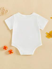 Mono de manga corta con cuello redondo y estampado de letras de Acción de Gracias para bebés y niñas - Blanco - Ver 3