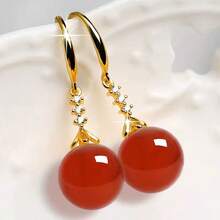 Exquisite Ball Shape Long Earrings Multicolor Agate Beads Drop Earrings Rhinestone Temperament Ear Hook Ear Jewelry Wedding Party Gift - Đỏ - Xem 1
