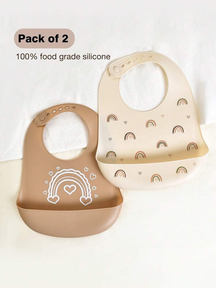 2pcs/1pc Baby Silicone Bibs - Leak-Proof, Stain-Resistant, Soft, Adjustable, Boil Portable, Rainbow Bibs, Suitable For Boys And Girls Daily Use, Outings, Mealtimes - Multicolor - View 2
