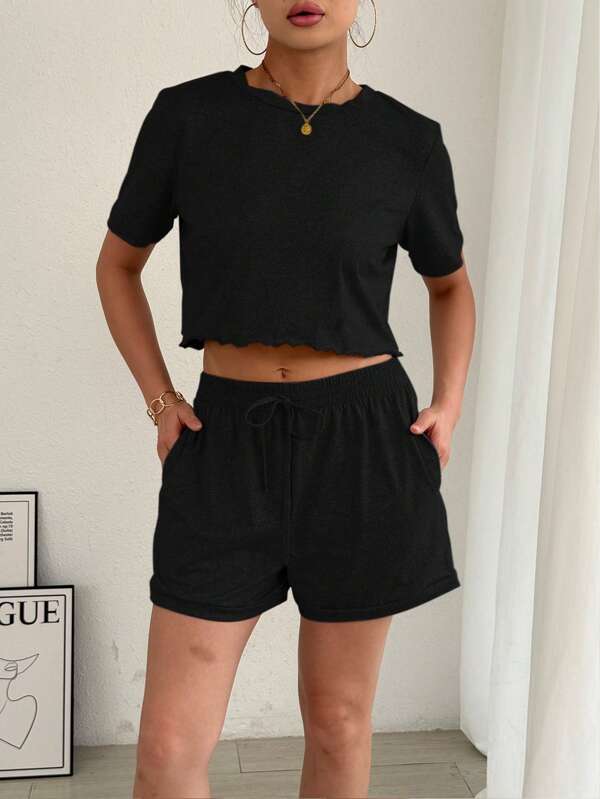 2pcs Elegant Solid Color Casual Short Sleeve Top & Shorts Pajama Set, Lounge Outfit
