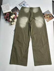 Roupas femininas de outono, jeans verde retrô americano, novo, cintura média, reto, solto, perna larga, calça casual de rua - Verde de Exercício - Ver 7