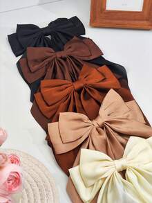 5 件装蝴蝶结大蝴蝶结发夹，适合女孩，卡其色和米色丝缎发带大发夹可爱美观发饰，金属蝴蝶结发夹中性色，爪夹，发夹，发夹