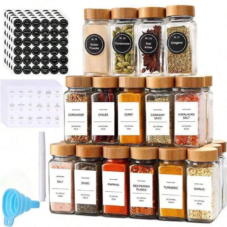 Kitchen Spice Jar Set, 12/24pcs Glass Seasoning Container With Lids, 120ml Cumin & Spice Jars, Glass Bottle