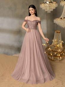 ALISA&LEO Teen Girls' Sequin A-Line Evening Gown - Off-Shoulder Sweetheart Neckline, Sheer Tulle Skirt & Fitted Sequin Bodice For Graduation Proms, Wedding Guest Outfits, Formal Dinners & Luxury Galas