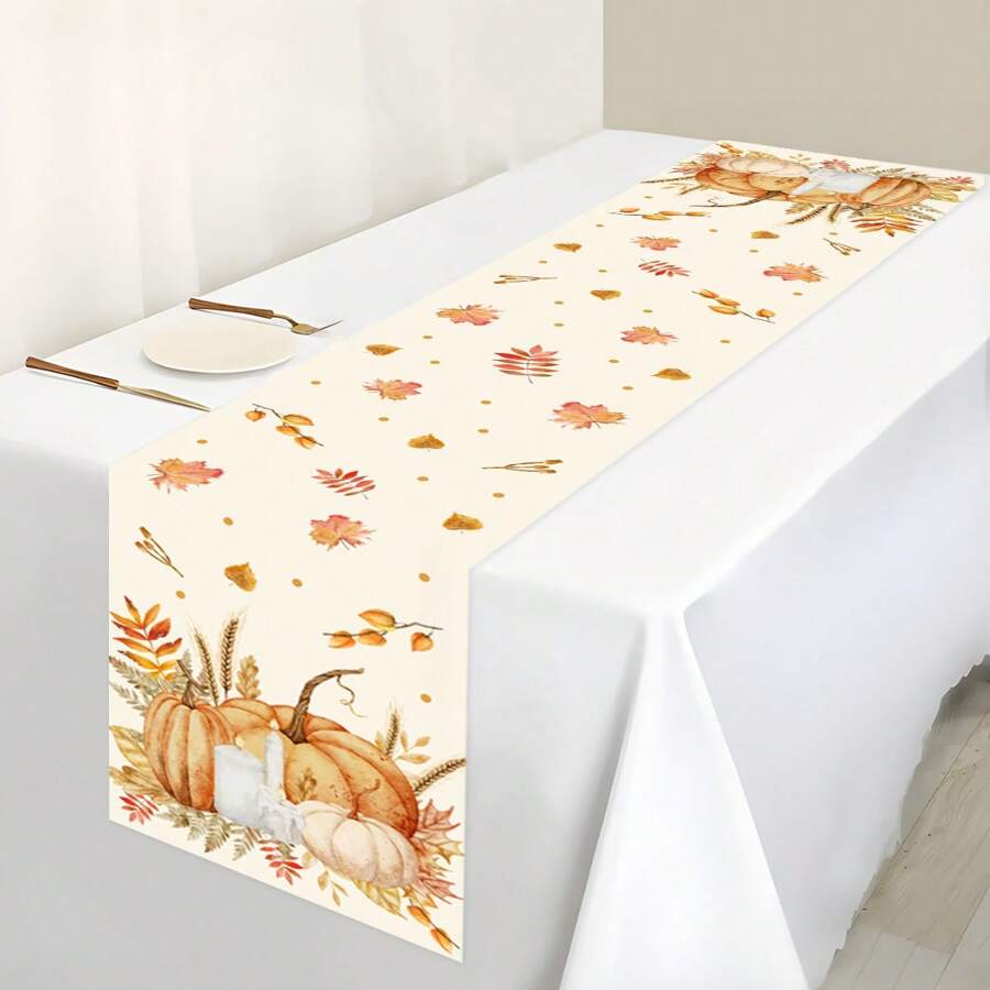 1 pièce Nappe en polyester de 35*180cm avec motif de citrouille à l'aquarelle, décoration de table d'automne pour la récolte, décoration de fête avec thème de feuille d'érable, Halloween, Thanksgiving, décoration saisonnière d'intérieur/extérieur, fournitures de fête