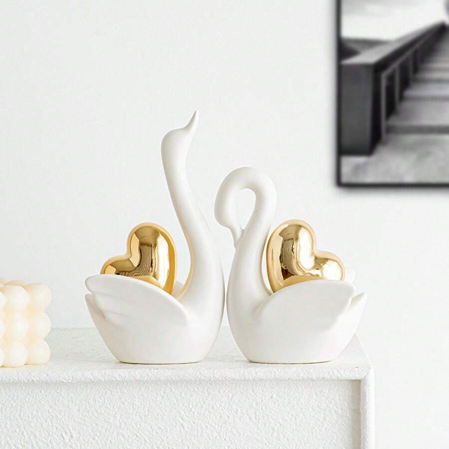 1/2pcs Love Swan Figurines, Luxury Modern Home Decor Accessories, Unique Artistic Ceramic Swan Statue For Living Room, TV Cabinet, Wedding, Valentine's Day Gift - Multicolor - View 1
