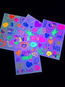 4 张霓虹灯临时纹身，唇心形荧光爱心纹身贴纸，防水临时纹身贴纸，适合情人节和音乐派对返校 - 彩色 - 查看 8