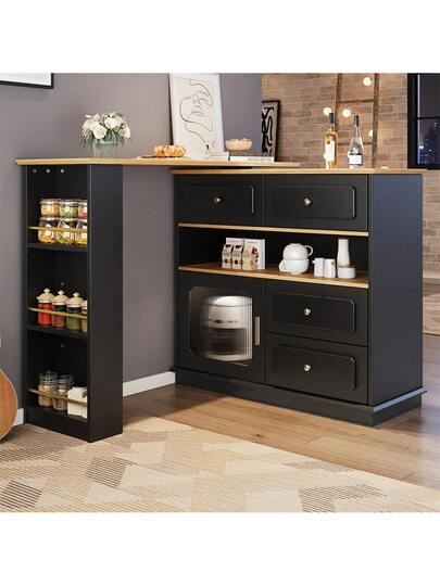 Sairedel Extendable Bar Tafel Storage Space (125 181*39*104.5cm), 360° Rotatable Dining Table, Moderne Movable High Kitchen Isl Bistro Sideboard Cabinet Shelves Glass, Zwart view 2