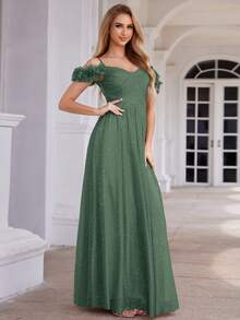 橄榄绿露肩吊带伴娘礼服，优雅正式晚礼服