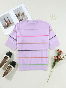 Acelitt Casual Contrast Stripe Off-Shoulder 3/4 Sleeve Ribbed Crew Neck Knit Top, Suitable For All Seasons