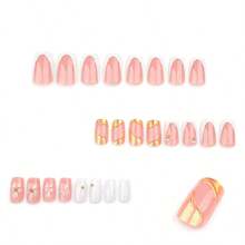 MSpring French Pr On Nails Medium Square White Fake Nails 3D Pink Flower Nail Pr Ons With Gold Pearl Design Gold Nail Tip False Nails Summer Stick On Nails Full Cover Glue On Nails For Women8001 - 金-2 - 查看 4