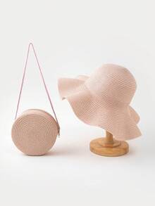 2 件套女士卡其色波浪沙滩遮阳帽和草编斜挎圆形包套装，适合日常、度假和旅行