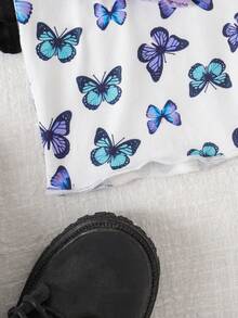 3pcs/Set Young Girls Butterfly Allover Print Solid Color Fitted Cute Long Sleeve Dress