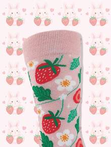 1 双男女款可爱有趣的草莓和花朵图案中筒袜，适合春、夏、秋季日常、运动和派对穿着，是送给家人、朋友和伴侣的好礼物 - 粉色 - 查看 5
