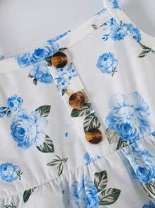 3pcs/Set Baby Girls Floral Print Solid Color Ribbed Button Strap Dress Set