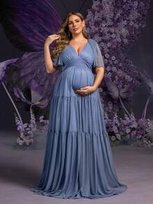 Faeriesty Dressalisa Chic Plus 孕妇 V 领蝴蝶袖长裙 - 飘逸荷叶边设计，适合婚礼、迎婴派对、正式活动、孕妇摄影 - 霧霾藍 - 查看 5